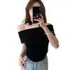 Estilo Francés de Verano Estilo Suave Cinta Floral Punto sin Hombros Ajuste Delgado Arrugado Top Irregular Camiseta de Manga Corta