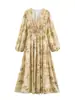 Vestido de chá floral estilo retrô francês com decote V, mangas bufantes tipo lanterna, cintura marcada e saia fluida, perfeito para e-commerce transfronteiriço