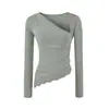 Conjunto de Estilo Ligeramente Maduro Parche de Encaje Asimétrico Cuello Manga Larga Camiseta Mujer Otoño Ajustado Ceñido a la Cadera Conjunto de Dos Piezas Chica Ardiente