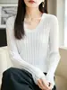 Camiseta de punto fina de lana para mujer, cuello redondo, estilo coreano, versátil, manga larga, para principios de otoño, 60 hilos, suéter fino