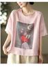 Camiseta de Lino de Algodón para Mujer de Manga Corta 2023 Verano Nuevo Top de Mujer Suelto Estampado Retro Talla Grande Camiseta de Mujer a la Moda