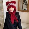 Gorro de lana de punto con diseño de oso estilo coreano para mujer, conjunto de cuello cálido de otoño e invierno, gorro y bufanda con protección para las orejas integrada, gorro con protección para el cuello.