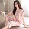 Conjunto de Pijama de Gasa de Algodón Puro Tejido Nuevo Verano 2026 para Mujer, Manga Corta, Pantalones Tres Cuartos, Conjunto de Ropa de Casa para Mamá de Mediana Edad