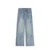 Jeans de Pierna Recta con Bordado de Estrella de Color Claro para Mujer Cintura Alta Nuevas Llegadas de Primavera Tallas Grandes Pantalones de Pierna Ancha Sueltos Adelgazantes para Chicas Gorditas