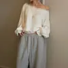 Roupa Feminina Coreana Dongdaemun High-End Patchwork de Cetim e Renda Blusa Camisa de Manga Longa Off-Shoulder