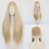 Peruca de renda de grande área estilo europeu e americano transfronteiriça, com repartição livre, misturada com mechas douradas, cabelo longo liso, cobertura completa da cabeça, em estoque da fábrica