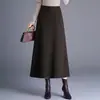 Saia de lã elegante em linha A para mulheres, novo estilo outono e inverno 2026, cintura alta, cobre o quadril, saia de barra larga, saia longa fluida e elegante