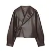 Comércio exterior outono novo roupas femininas estilo motociclista design de fivela de abotoamento duplo lapela grande manga longa jaqueta de couro casaco casual