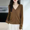 Cardigã de tricô com decote V curto para mulheres, adequado para primavera e outono, caimento solto, fino, de manga longa, feito de lã fina, cinza, perfeito como camada externa