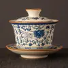 Cuenco Cubierto Azul y Blanco de Cerámica Sancai del Horno Ru Taza de Té Individual Set de Té Kung Fu de Alta Gama Cuenco de Té con Tapa Fabricante de Té de Cerámica No Caliente