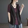 2025 Nuevo Estilo de Verano Algodón y Lino Talla Grande Holgado Retro Literario Hebilla Aspecto Adelgazante Chaleco Chaqueta Chaleco