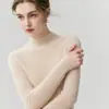 Suéter de punto base para mujer, de primera línea, listo para usar, sin costuras, 100% cachemira pura, cuello semi-alto, acanalado, corte ajustado, adelgazante