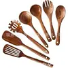 Juego de Utensilios de Cocina de Madera de Acacia, Espátula de Madera Maciza con Mango Largo, Cuchara para Sopa, Colador, Espátula para Cocinar, Herramientas de Cocina para el Hogar