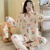 Pijama de Cardigan de Manga Larga y Pantalones para Mujer de Primavera y Otoño, Traje Dulce para el Hogar de Seda de Leche, Pijama para Mujer