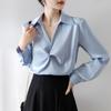 Camisa de cetim azul temperamento francês feminina outono carreira viagem camisa entrevista vestido de trabalho top fashion