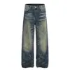 Calça Jeans Reta de Perna Larga Estilo Americano com Lavagem Desgastada, Unissex, Calça Longa Solta de Cintura Baixa Vintage Azul 2025