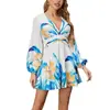 Amazon Nuevo Estilo Europeo y Americano Moda Femenina Vestido Corto de Manga Larga con Estampado, Cuello en V, Mangas Abullonadas y Cintura Ajustada