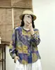 Outono de 2026 Novo Algodão Linho Retrô Artístico Nova Camisa Estampada Top Solto Cardigã Casual Roupas Femininas