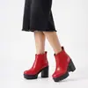 Botines de tacón cuadrado de color liso para otoño e invierno, botines de corte bajo con punta redonda, plataforma impermeable y tacones altos gruesos, botines para mujer para comercio transfronterizo, zapatos de talla grande