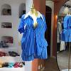Roupa Feminina Transfronteiriça Europeia e Americana 2025 Nova Outono Casual Camisa de Botão com Gola de Listras Azuis Conjunto de Shorts de Perna Larga