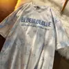 Camiseta de manga corta tie-dye de marca de moda para mujer, camiseta holgada bordada con letras, ropa extraña de media manga para pareja, ropa súper popular ins