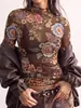 Camiseta europea y americana transfronteriza de Amazon 2026 nuevo estampado floral vintage top de malla de manga larga ajustado para mujer