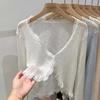 Cárdigan de punto con cuello en V de encaje, abrigo protector solar, chal de verano para mujer, blusa con tirantes, blusa de seda helada, top coreano
