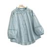 Primavera Nuevo Encaje Mori Cuello Vertical Bordado Calado Delgado Algodón Camisa Cárdigan Reductor de Edad para Mujer Top Base