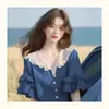 Blusas de Verano de Moda con un Diseño Único, Elegantes Camisas Verdes de Manga Corta con Cuello de Volantes Estilo Francés
