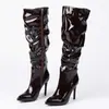 Botas Femininas de Salto Alto 2026 Moda Comércio Transfronteiriço Couro Patente Zíper Lateral Botas Longas Salto Fino Brilhante Rugas Naturais Botas Altas