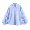 Roupas Femininas 2026 Primavera Nova Moda Europeia e Americana Versátil Camisa Listrada de Manga Bufante Manga Longa