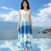 Vestido tradicional teñido con nudos de Yunnan-Guizhou teñido de azul, vestido largo teñido con nudos hecho a mano, adelgazante, suave y dulce vestido de tirantes