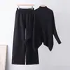 Conjunto de Moda Tejido Estilo Perezoso para Mujer Invierno Top de Cuello Semi Alto Manga Murciélago Pantalones Rectos de Cintura Alta Conjunto de Dos Piezas Tejido