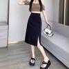 Saia Midi Preta com Fenda Plus Size para Mulheres, Roupa de Primavera, Saia Evasê, Cintura Alta, Efeito Emagrecedor, Saia de Quadril