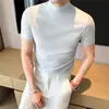 Camiseta de malha masculina de verão, luxo leve, importada, tecido de seda stretch ~ leve, gola semi-alta, manga curta, base de algodão, corte justo para homens