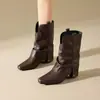 Botas Apiladas Arrugadas Estilo Vaquero Occidental Maillard al por Mayor Botas para Aumentar la Altura Otoño e Invierno Botas de Media Caña Botines Retro con Remaches para Mujer