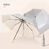 Guarda-chuva Dupla Finalidade Sol e Chuva, Camada Dupla Prata Titânio, Proteção Solar, Proteção UV, Três Dobras, Cabo de Madeira, Guarda-sol