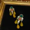 Estilo Occidental Chapado en Cobre Antiguo con Oro de 18 Quilates, Color Dorado Vintage con Adornos de Piedra Natural en Forma de Gota Amarilla, Estilo Araña con Borlas