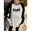 Camiseta de Manga Longa com Blocos de Cor e Forro de Fleece Feminina Outono e Inverno Novo Estilo Preguiçoso BF Solta Camisa Base Estudante plus size gordinha Top