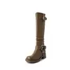 Novas botas de cavaleiro versáteis para emagrecer 2023 bico redondo salto grosso fivela de cinto botas casuais de motocicleta salto médio botas de salto alto para mulheres