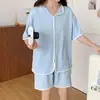 Pijama de Verão Feminino Estilo Coreano Doce Cardigã Cor Sólida Manga Curta Shorts Seda de Leite Imitação de Algodão Conjunto de Roupas para Casa