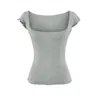 26100-2026 Novo Estilo Primavera/Verão Top Casual de Gola Quadrada Puro Desejo para Mulheres, Modelagem Justa, Sexy, Emagrecedor, Camiseta de Manga Curta