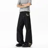 Jeans Americano de Sarja Crua Preto Micro-Flare Masculino High Street Bordado Calça Reta Wide-Leg Solta Emagrecedora Calça Longa