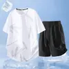 Conjunto de Shorts de Manga Corta de Seda Hielo para Hombre, Verano Transpirable de Secado Rápido Cuello Redondo Estampado Holgado Deportivo Casual Conjunto de Dos Piezas