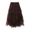 Falda asimétrica de retazos de encaje de diseñador Feiyuan para mujer, nueva para principios de otoño, de cintura alta, adelgazante, color liso, línea A, falda de malla