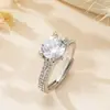 Anel Europeu e Americano Simples de Pedra Oval com Aro Totalmente Diamantado Zircônia com Garra Quatro Pontas Aberto Ajustável Anel de Dedo Joia Multicor Cross-Border
