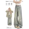 Calça Jeans Feminina 2026 Primavera/Outono Estampa de Estrela Retro Americana Calça Reta Solta Lavada Desgastada Perna Larga