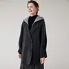 26 Moda Outono/Inverno Elegante Casaco de Lã Dupla Face para Mulheres, Comprimento Médio, Com Capuz, Solto, Jaqueta de Lã de Botão Duplo