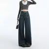 Jeans azul escuro vintage de perna larga para mulheres, novo modelo 2026, cintura alta, corte solto, com caimento, calça reta plus size para mulheres baixinhas