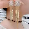 Pendientes Exquisitos de Cadena con Borla de Diamantes Cuadrados Geométricos Estilo Coreano Resistentes de Moda con Personalidad Lujo Ligero Pendientes Populares